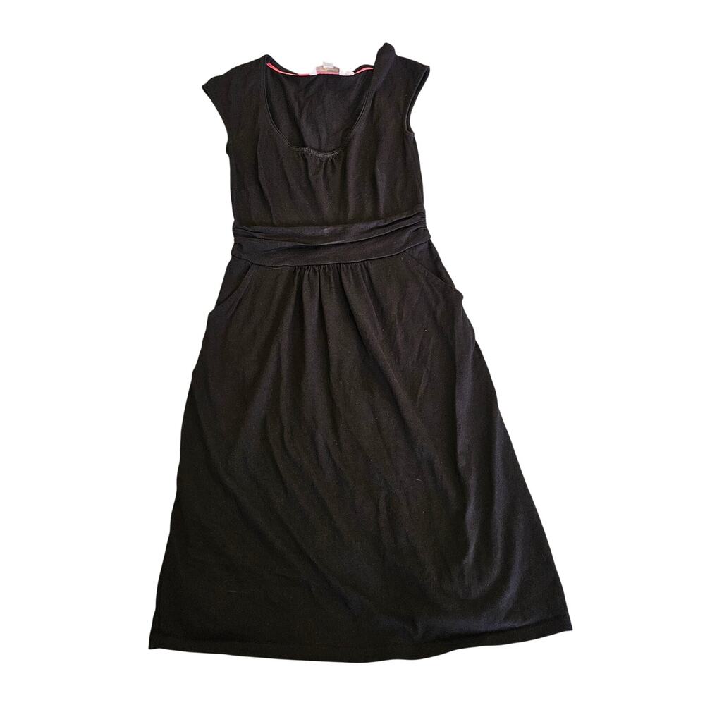 Boden Black Cap Sleeve Knit Dress Size 2R Ruched Waist Pockets Knee Length